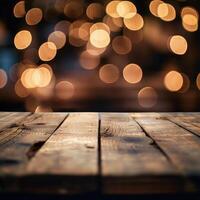 ai generato di legno tavolo su un' sfocato sfondo con un' bokeh luci. copia spazio. modello per Prodotto Schermo. foto