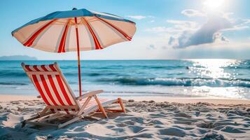 ai generato spiaggia di sole e crema solare su il spiaggia nel soleggiato giorno, nessuno foto