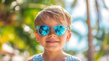 ai generato carino 5 anni vecchio ragazzo indossare colorato occhiali da sole sorridente per telecamera foto