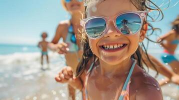 ai generato bambini indossare occhiali da sole sorridente in esecuzione su il spiaggia foto