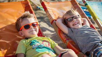 ai generato Due carino 5 anni poco ragazzi, dire bugie su spiaggia sedie sorridente, indossare bicchieri foto