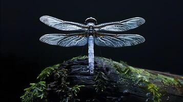 ai generato iridescente libellula nel muschioso habitat, rivelatrice intricato piuma modelli e ala design foto