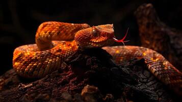 ai generato ardente rosso serpente a sonagli nel Impressionante posa su carbonizzato albero tronco a notte foto