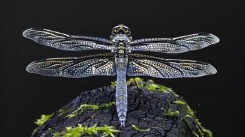 ai generato iridescente libellula arroccato su coperto di muschio log nel morbido chiaro di luna, in mostra intricato ala modelli foto