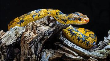 ai generato vivace giallo e nero africano serpente arrotolato su Driftwood con intelligente occhi foto