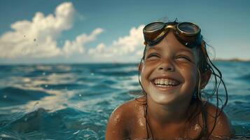 ai generato contento ragazza indossare nuoto occhiali su sua testa a il oceano, per trasmettere un' senso di la gioia, libertà, e infanzia ricordi a il spiaggia foto