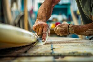 ai generato un' tavola da surf riparazione tecnico fissaggio un' danneggiato tavola da surf pinna evidenziazione tavola da surf pinna riparazione abilità foto