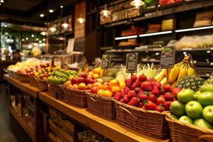 ai generato fresco frutta nel il supermercato bokeh stile sfondo con generativo ai foto