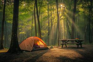 ai generato un' tenda campeggio nel il foresta con generativo ai foto