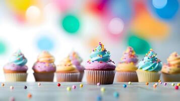 ai generato molti colorato cupcakes siamo seduta su un' tavolo foto