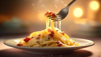 ai generato un' forchetta è Tenere un' pezzo di spaghetti su un' piatto foto