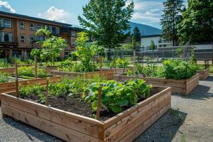 ai generato sollevato giardino letti pieno con fiorente verdure nel Giardino dietro la casa foto