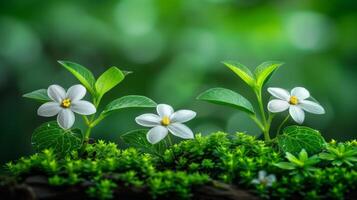 ai generato tranquillo primavera foresta paesaggio con muschioso rocce e delicato fiori selvatici, ideale per testo posizionamento foto