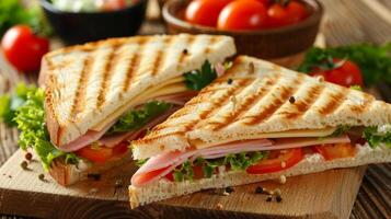 ai generato salato triangolo Sandwich pieno con prosciutto, formaggio, maturo pomodori, e fresco insalata verdura foto