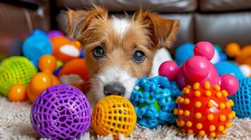 ai generato gioioso cane giocando con giocattoli nel un' accogliente vivente camera ambientazione, la creazione di un' caldo e invitante atmosfera foto
