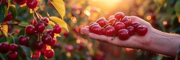 ai generato appena raccolto dolce ciliegie tenuto nel mano su sfocato sfondo con copia spazio foto