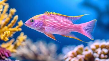 ai generato vivace anthias pesce nuoto in mezzo colorato coralli nel un' acqua salata acquario ambiente foto