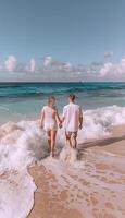 ai generato romantico giovane coppia passeggiando su bianca sabbia spiaggia nel tropicale Paradiso isola destinazione foto