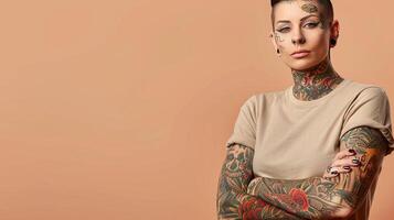 ai generato il spirito di la libertà e ribellione delicato tatuaggio tendenza su ragazza S mano bandiera su beige sfondo foto