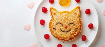 ai generato adorabile gatto viso pancake con frutti di bosco e miele su bianca piatto per bambini S colazione, copia spazio foto