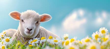 ai generato affascinante giovane agnello nel margherita campo su un' soleggiato giorno sereno azienda agricola animale scena con spazio per testo foto