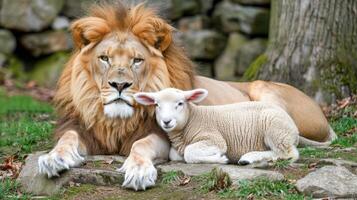 ai generato Leone e agnello coesistenti armoniosamente, in mostra tranquillo, calmo unità nel un' sereno ambientazione foto