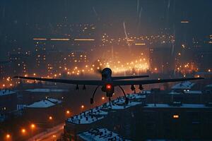 ai generato aereo fuco al di sopra di ardente città a inverno notte foto