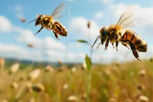 ai generato Due api sopra campo a soleggiato estate giorno foto