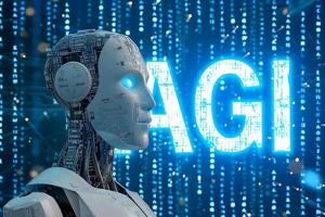 ai generato androide testa su astratto cibernetico dati sfondo con parola agi per artificiale generale intelligenza foto