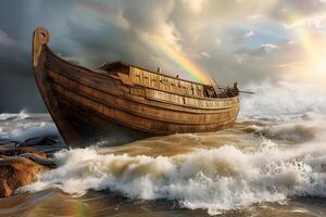 ai generato noè arca, il nave a partire dal il genesi alluvione narrazione di quale Dio salva Noè. foto