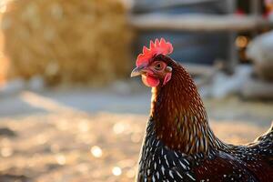 ai generato ritratto di gallina su il pollo azienda agricola, avvicinamento con bokeh. foto