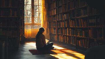 ai generato un' alunno si siede solo nel un' debolmente illuminato angolo di un' biblioteca, guardare sopraffatto di il libri. il torreggiante libreria nel il sfondo aggiungendo per il atmosfera di pressione e accademico foto