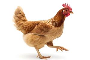 ai generato in esecuzione pollo gallina su bianca sfondo. foto
