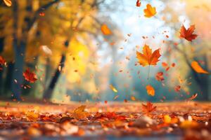 ai generato bellissimo autunno Visualizza con colorato fogliame nel il parco. caduta le foglie sfondo con copia spazio e selettivo messa a fuoco. foto