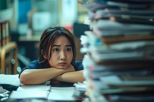 ai generato giovane adulto asiatico donna nel un ufficio, sopraffatto di un' montagne di lavoro d'ufficio foto