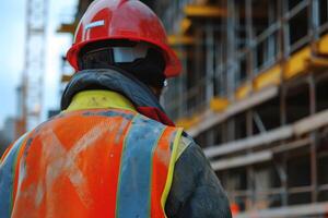 ai generato costruzione lavoratore con vecchio arancia difficile cappello a costruzione luogo per sicurezza concetto foto