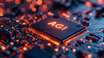 ai generato agi - artificiale generale intelligenza - microchip su nero circuito tavola con arancia splendore foto