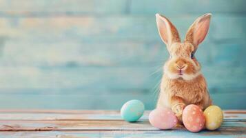 ai generato illustrazione di un' Marrone carino Pasqua coniglietto con piccolo pastello colorato uova nel davanti di un' blu sfondo foto