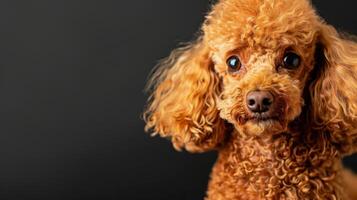 ai generato illustrazione di un' rosso mini barboncino contro buio grigio sfondo con copia spazio foto