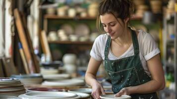 ai generato donna nel un grembiule fabbricazione un' ceramica piatto foto