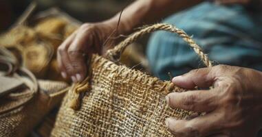 ai generato un' creatore la creazione di un' iuta Borsa di mano, fatto a mano concetto foto