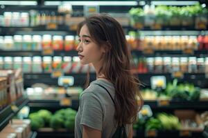 ai generato ritratto di giovane asiatico donna in piedi nel supermercato e guardare lontano foto