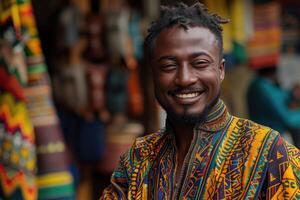 ai generato ritratto di un' sorridente africano uomo nel tradizionale Abiti nel un' drappeggio negozio a il mercato foto