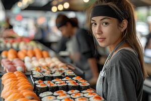 ai generato giovane asiatico femmina Sushi capocuoco fabbricazione Sushi rotolo nel veloce cibo ristorante. giapponese cibo concetto, foto