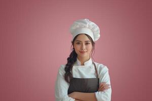 ai generato ritratto di un' bellissimo giovane asiatico donna capocuoco indossare grembiule e cappello su rosa sfondo foto
