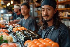 ai generato bello asiatico uomo fabbricazione Sushi rotolo a giapponese ristorante foto