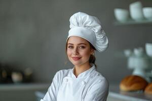 ai generato ritratto di giovane femmina capocuoco nel uniforme e cappello su cucina sfondo foto
