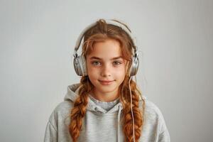 ai generato ritratto di un' carino poco ragazza con cuffie ascoltando per musica. foto