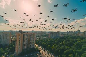 ai generato sciame di droni al di sopra di città a estate mattina foto