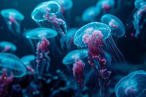 ai generato raggiante mare meduse su buio sfondo, neurale Rete generato Immagine foto